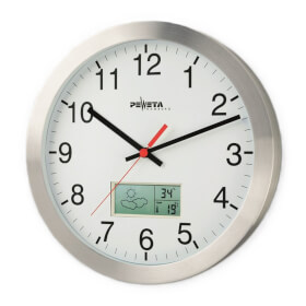 Peweta Funkwanduhr Aluminiumgehäuse 30 cm arabische Zahlen, LCD - Display mit Wetteranzeige und Thermo - / Hygrometer